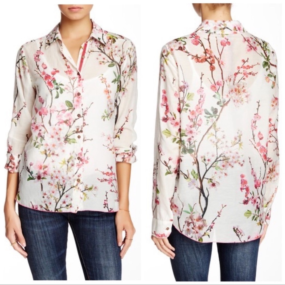 Johnny Was Cherry Blossom button up silk blend top